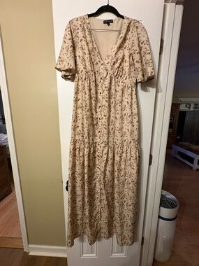 Floral Tie-Front Maxi Dress in Cream and Brown